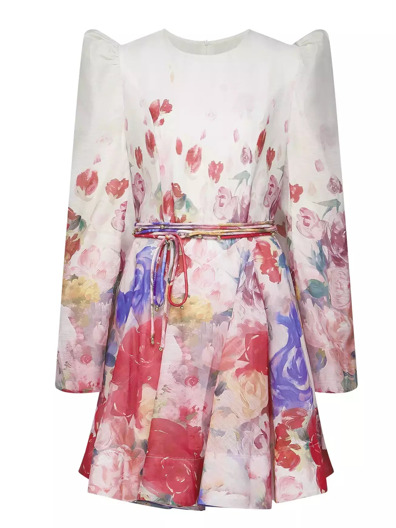 Belted Abstract Watercolor Floral Print Dress - Dresses