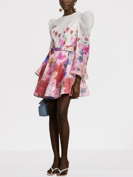 Belted Abstract Watercolor Floral Print Dress - Dresses