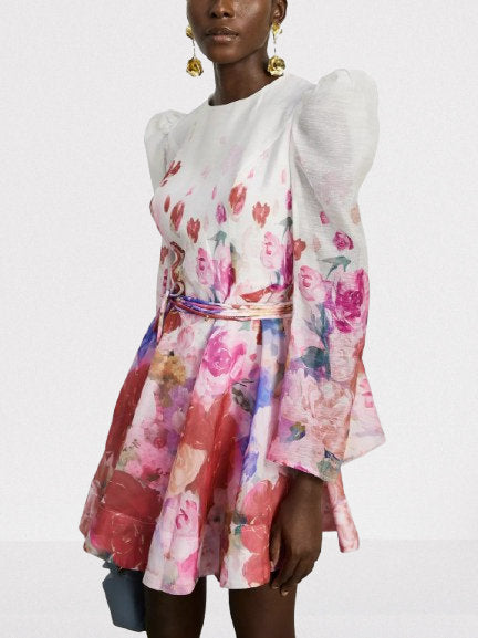 Belted Abstract Watercolor Floral Print Dress - Dresses