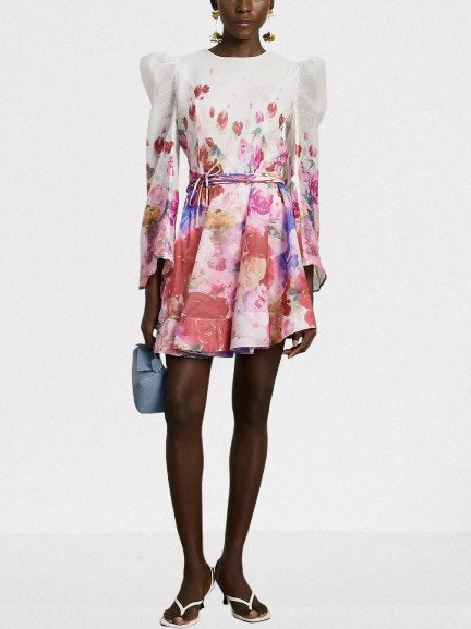 Belted Abstract Watercolor Floral Print Dress - Dresses