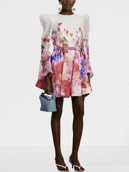 Belted Abstract Watercolor Floral Print Dress - Dresses