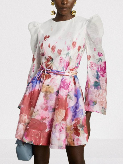 Belted Abstract Watercolor Floral Print Dress - Dresses