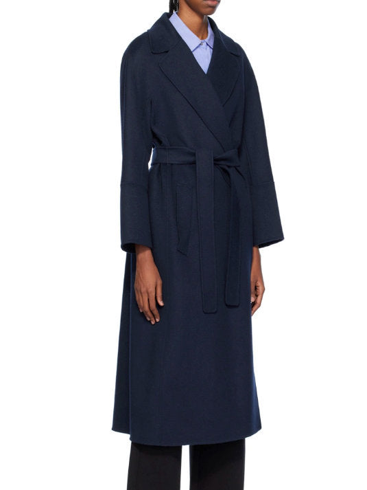 Belted Bathrobe Style Wool Wrap Coat in Navy - Coats