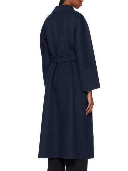 Belted Bathrobe Style Wool Wrap Coat in Navy - Coats