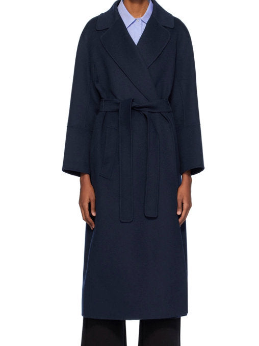 Belted Bathrobe Style Wool Wrap Coat in Navy - Coats