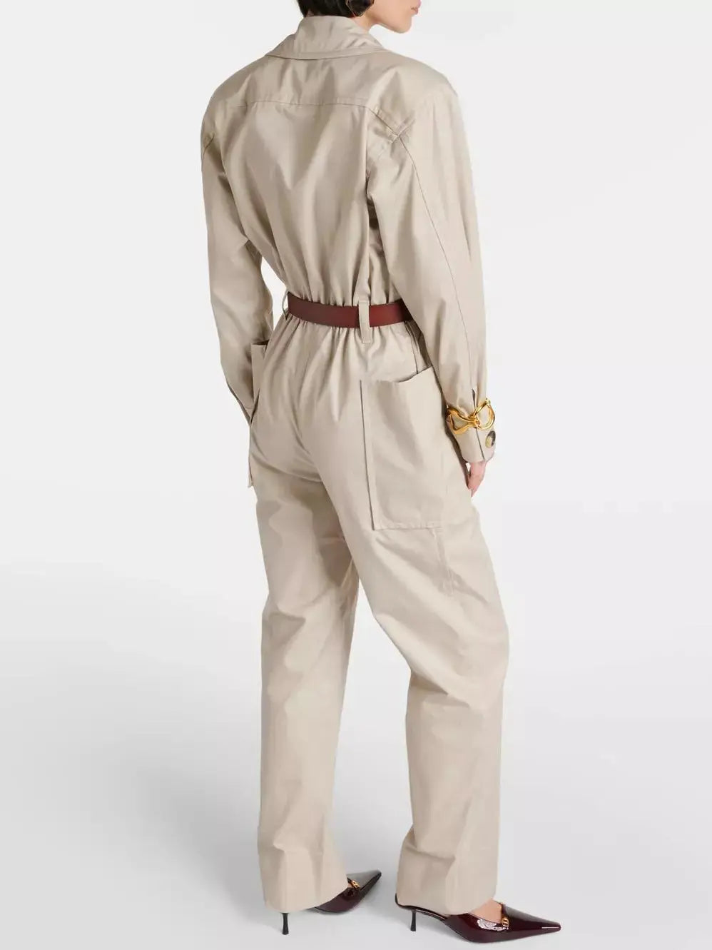 Belted Beige Cotton Cargo Jumpsuit - Suits & Sets