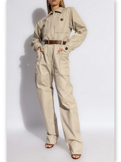 Belted Beige Cotton Cargo Jumpsuit - Suits & Sets