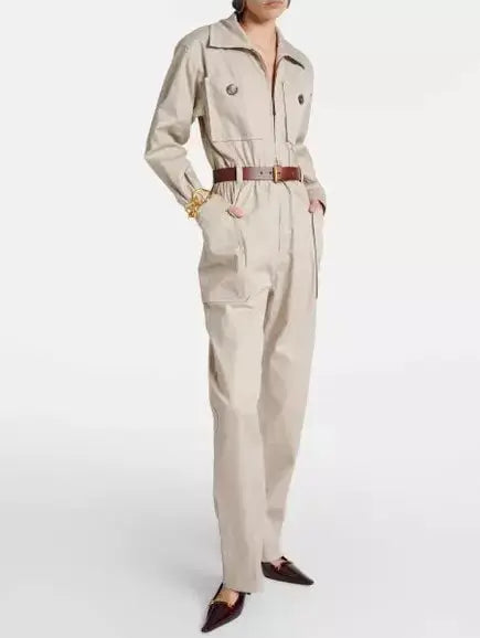 Belted Beige Cotton Cargo Jumpsuit - Suits & Sets