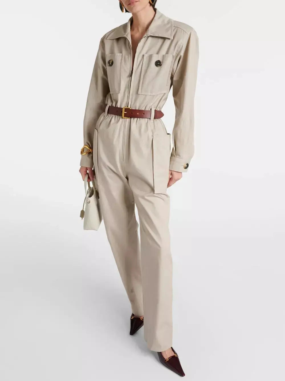 Belted Beige Cotton Cargo Jumpsuit - Suits & Sets