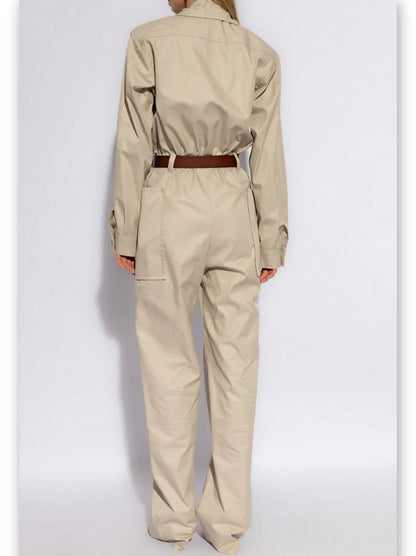 Belted Beige Cotton Cargo Jumpsuit - Suits & Sets