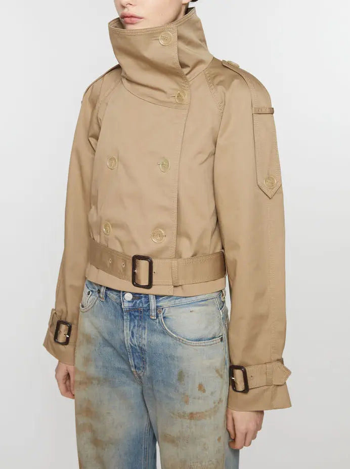 Belted Beige Cropped Double-Breasted Trench Jacket - Jackets