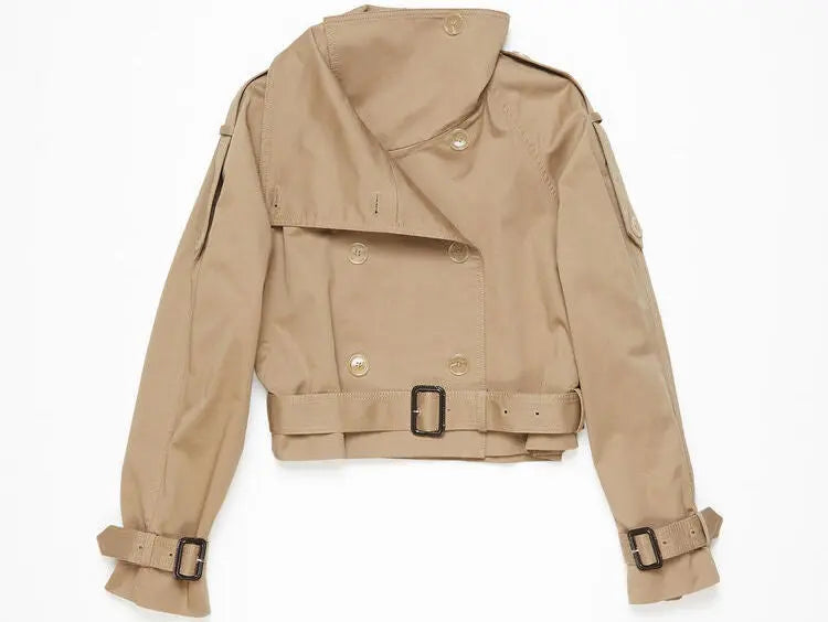 Belted Beige Cropped Double-Breasted Trench Jacket - Jackets