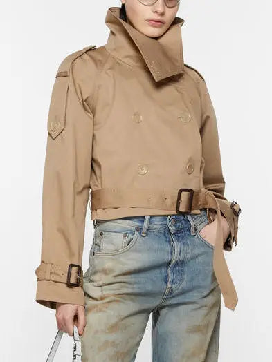 Belted Beige Cropped Double-Breasted Trench Jacket - Jackets