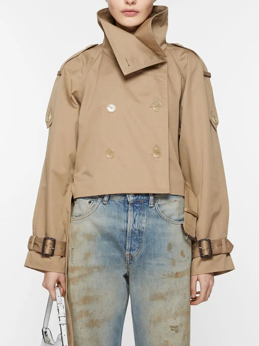 Belted Beige Cropped Double-Breasted Trench Jacket - Jackets