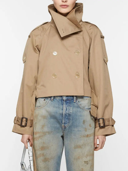 Belted Beige Cropped Double-Breasted Trench Jacket - Jackets