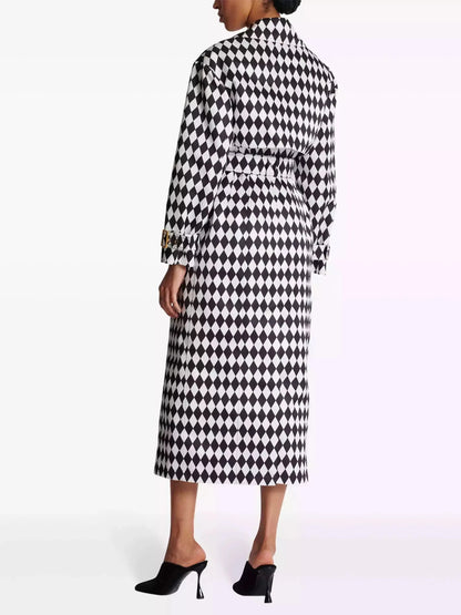 Belted Black and White Diamond Pattern Double-Breasted Trench Coat - Coats