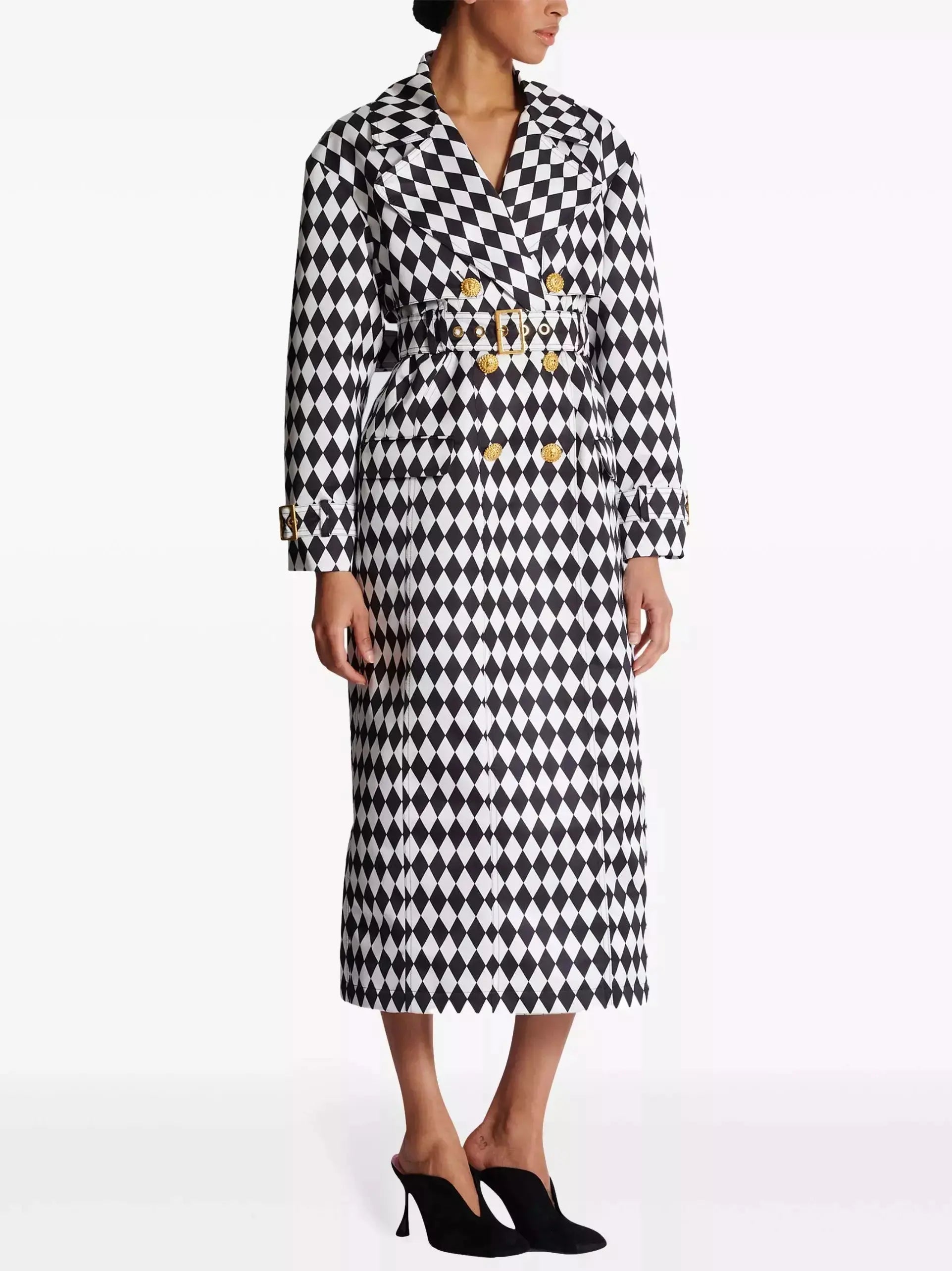 Belted Black and White Diamond Pattern Double-Breasted Trench Coat - Coats