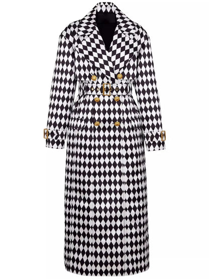 Belted Black and White Diamond Pattern Double-Breasted Trench Coat - Coats