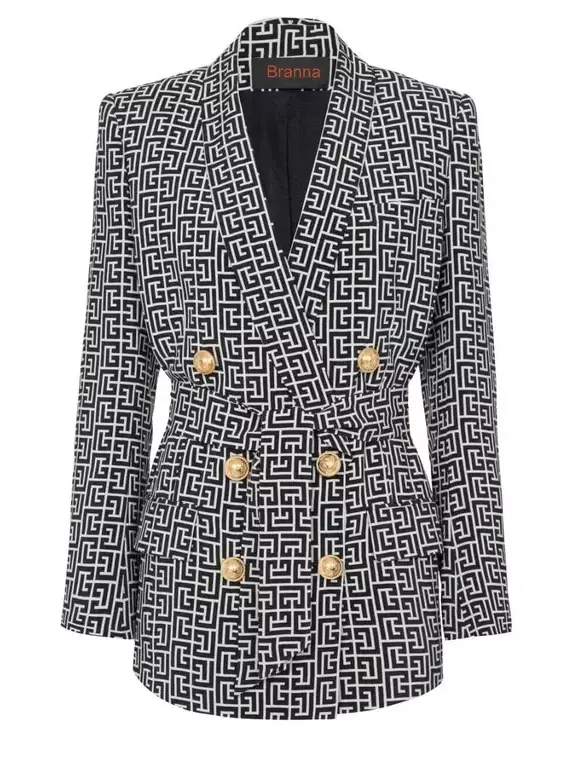 Belted Black and White Monogram Double-Breasted Blazer and Pant Suit - Suits & Sets