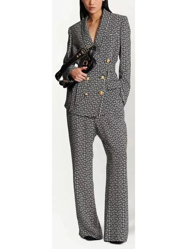 Belted Black and White Monogram Double-Breasted Blazer and Pant Suit - Suits & Sets