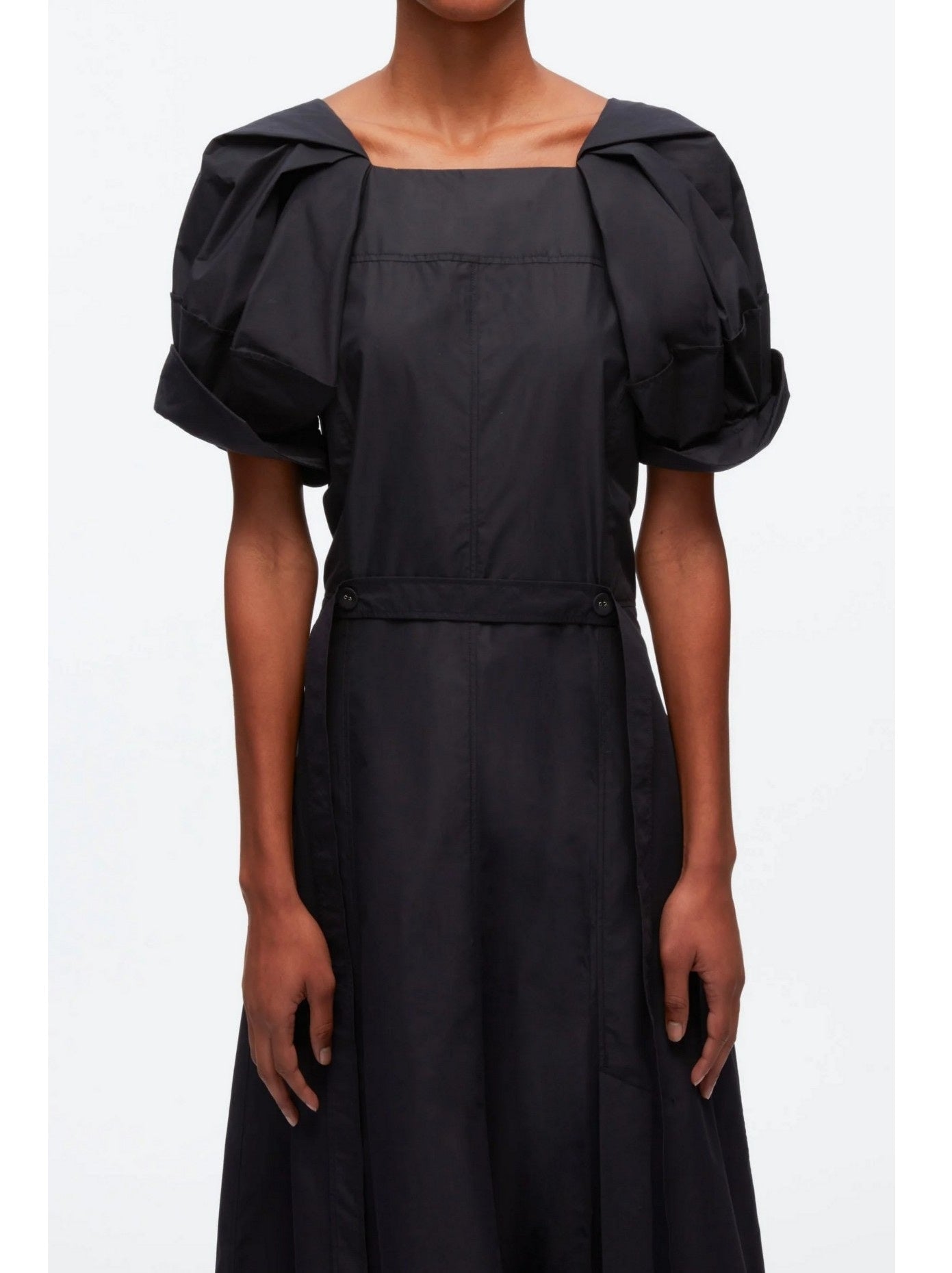 Belted Black Cotton Puff-Sleeve Midi Dress - Dresses