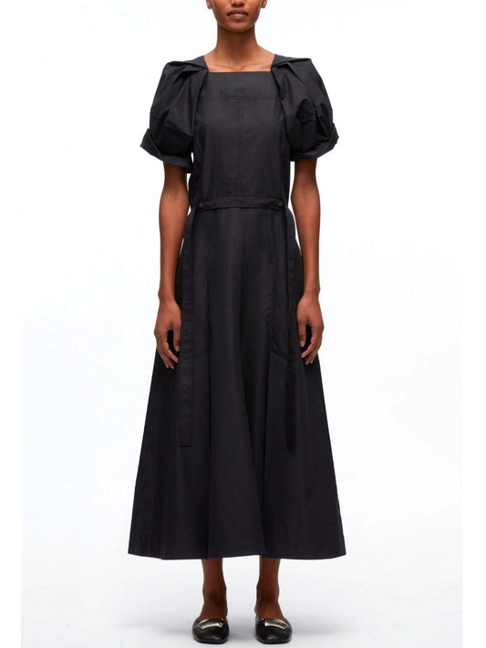 Belted Black Cotton Puff-Sleeve Midi Dress - Dresses
