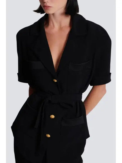 Belted Black Crepe Safari Shirt - Tops