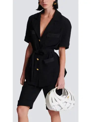 Belted Black Crepe Safari Shirt - Tops