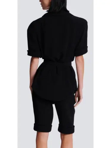 Belted Black Crepe Safari Shirt - Tops