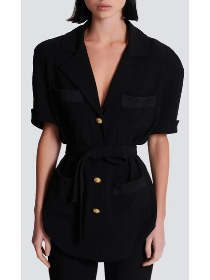 Belted Black Crepe Safari Shirt - Tops