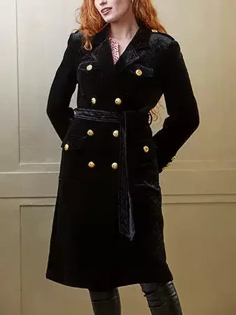 Belted Black Double-Breasted Velvet Coat - Coats