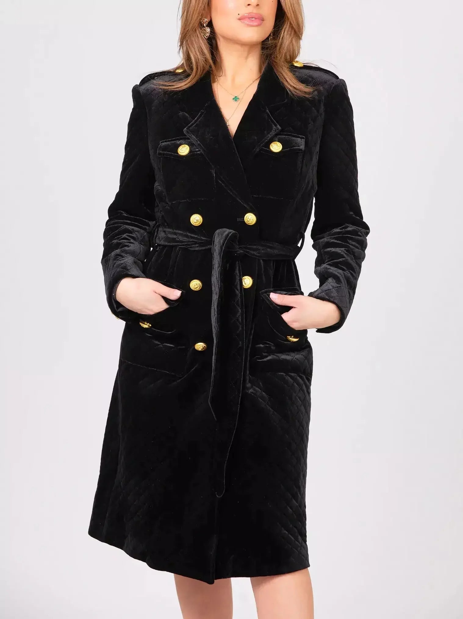 Belted Black Double-Breasted Velvet Coat - Coats