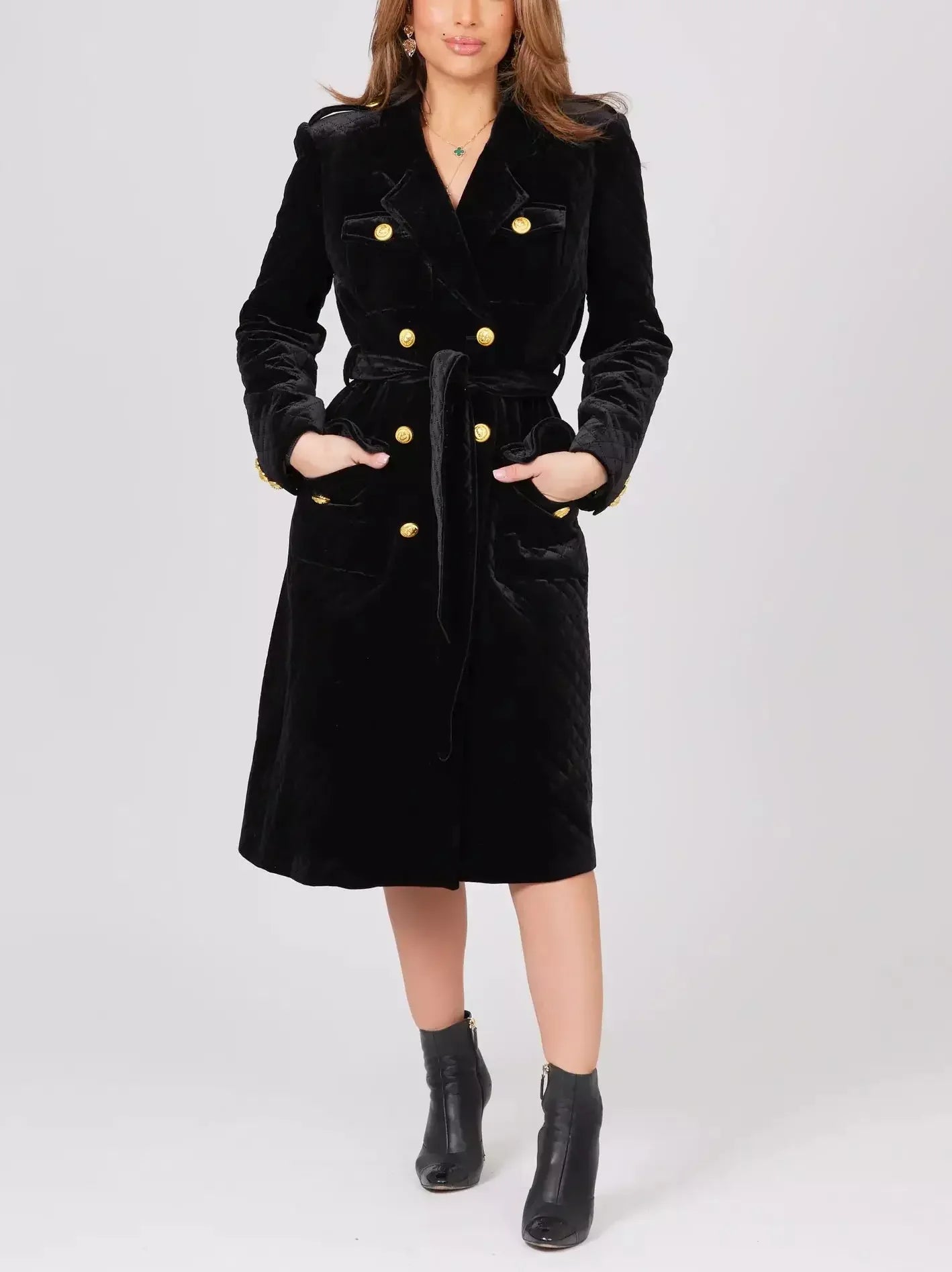 Belted Black Double-Breasted Velvet Coat - Coats