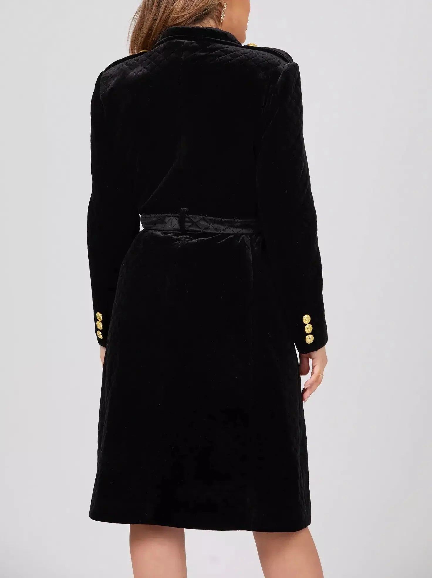 Belted Black Double-Breasted Velvet Coat - Coats