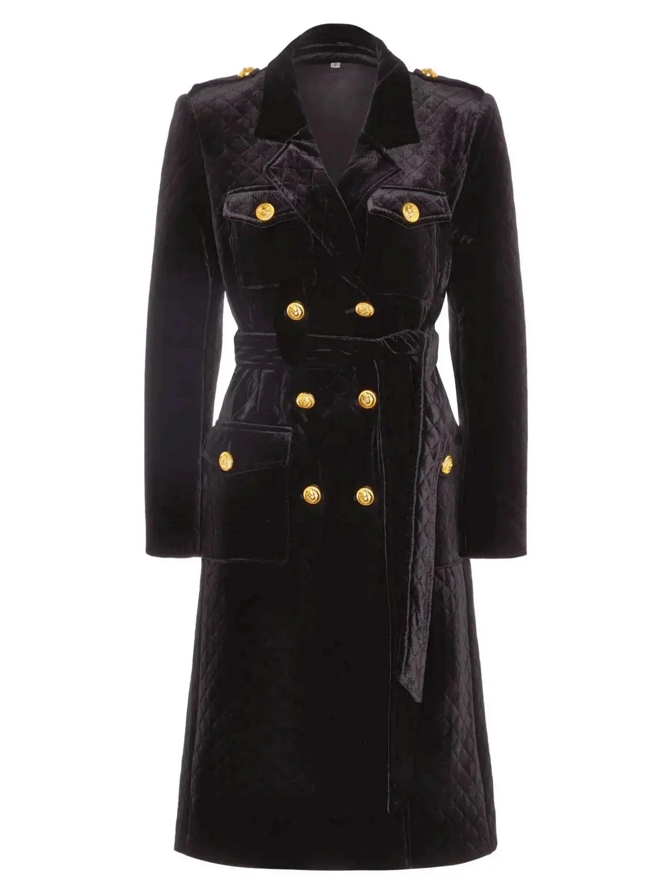 Belted Black Double-Breasted Velvet Coat - Coats