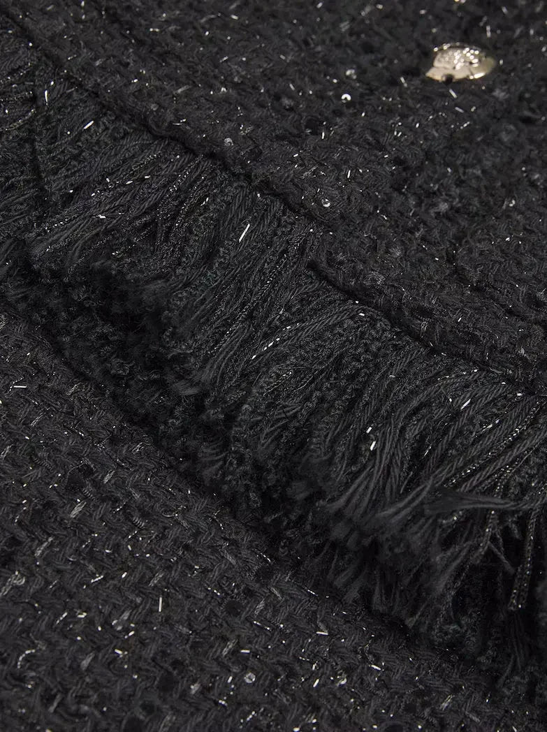 Belted Black Fringed Tweed Jacket with Metallic Threading - Jackets