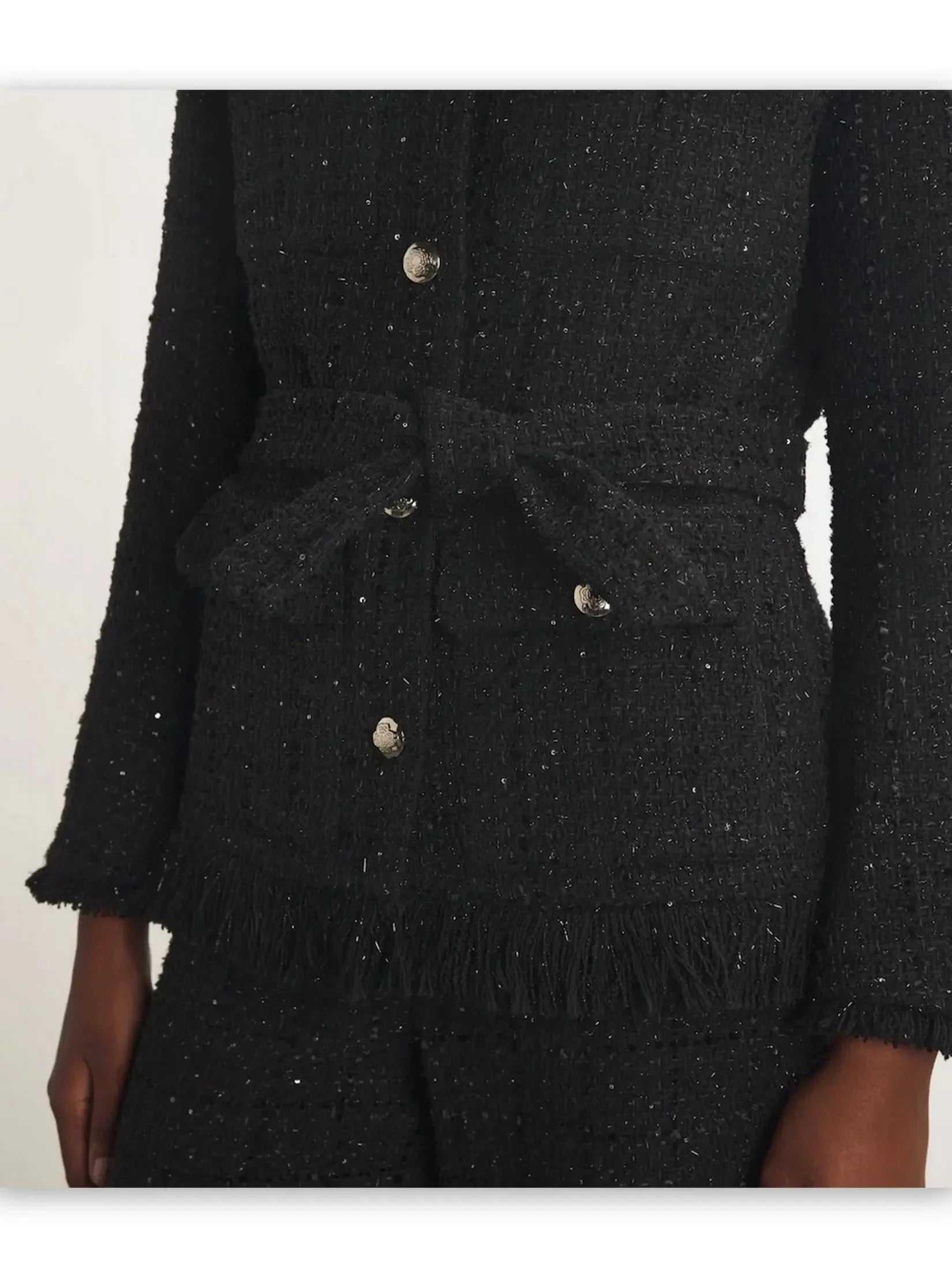 Belted Black Fringed Tweed Jacket with Metallic Threading - Jackets