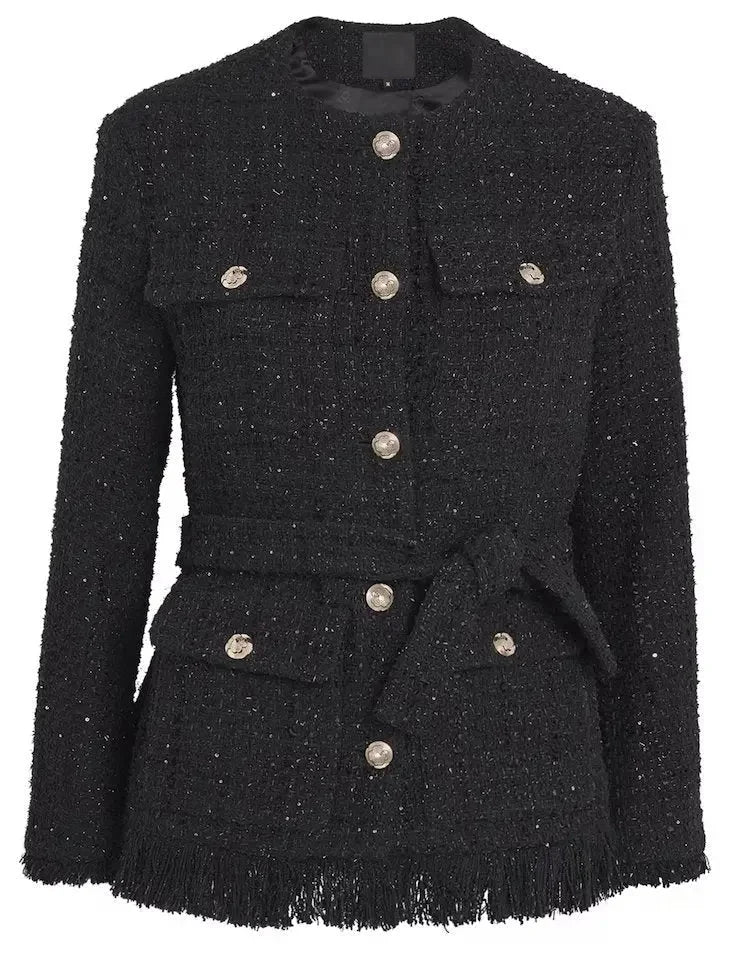 Belted Black Fringed Tweed Jacket with Metallic Threading - Jackets