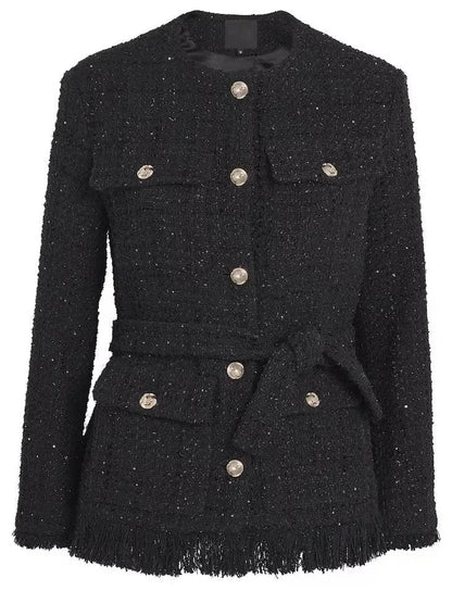 Belted Black Fringed Tweed Jacket with Metallic Threading - Jackets