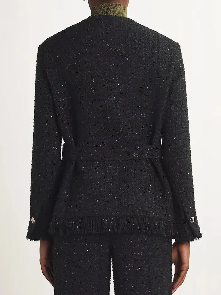 Belted Black Fringed Tweed Jacket with Metallic Threading - Jackets