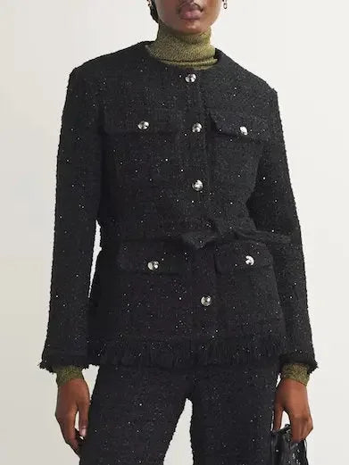 Belted Black Fringed Tweed Jacket with Metallic Threading - Jackets