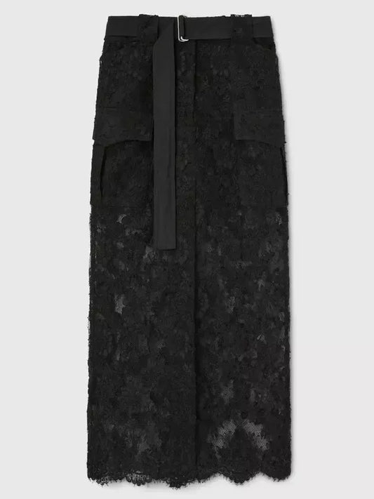 Belted Black Lace Midi Skirt - Skirts