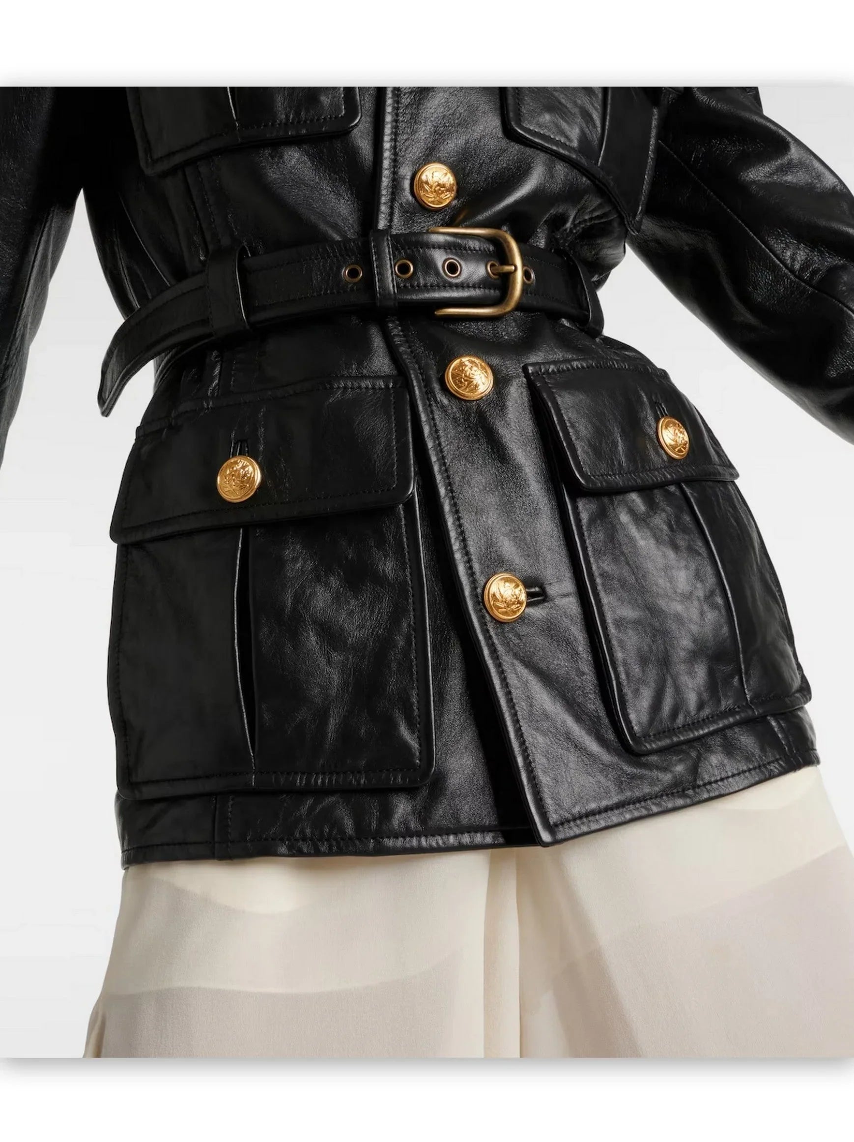 Belted Black Lambskin Leather Safari Jacket - Jackets