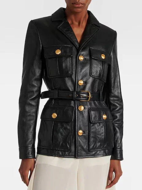 Belted Black Lambskin Leather Safari Jacket - Jackets
