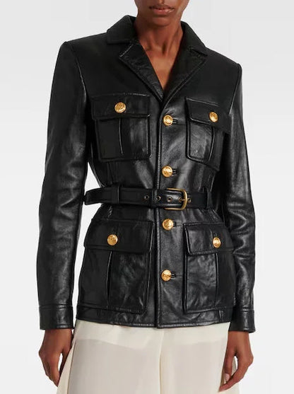 Belted Black Lambskin Leather Safari Jacket - Jackets
