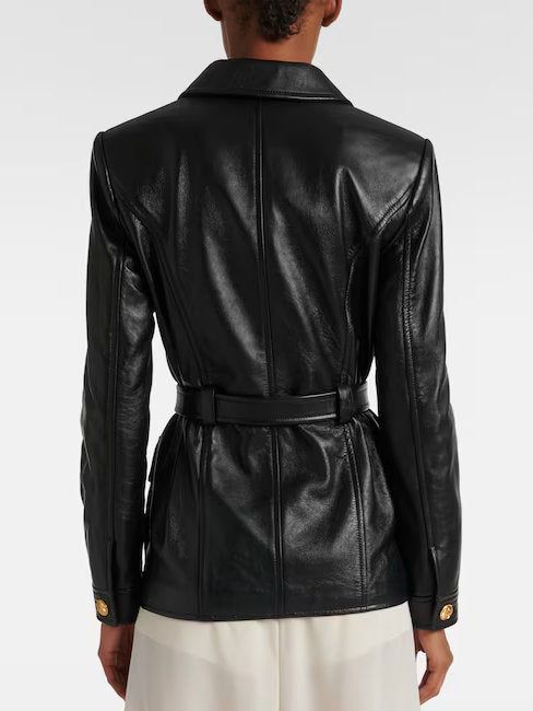 Belted Black Lambskin Leather Safari Jacket - Jackets