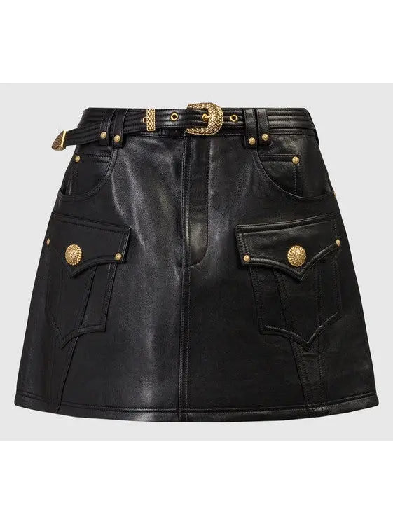 Belted Black Leather Western Mini Skirt - Skirts