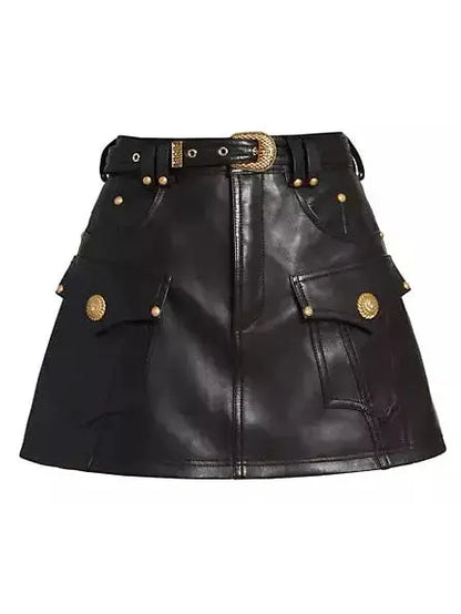 Belted Black Leather Western Mini Skirt - Skirts