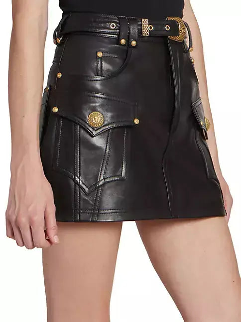 Belted Black Leather Western Mini Skirt - Skirts