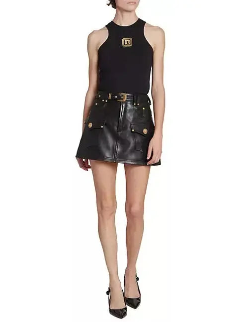 Belted Black Leather Western Mini Skirt - Skirts